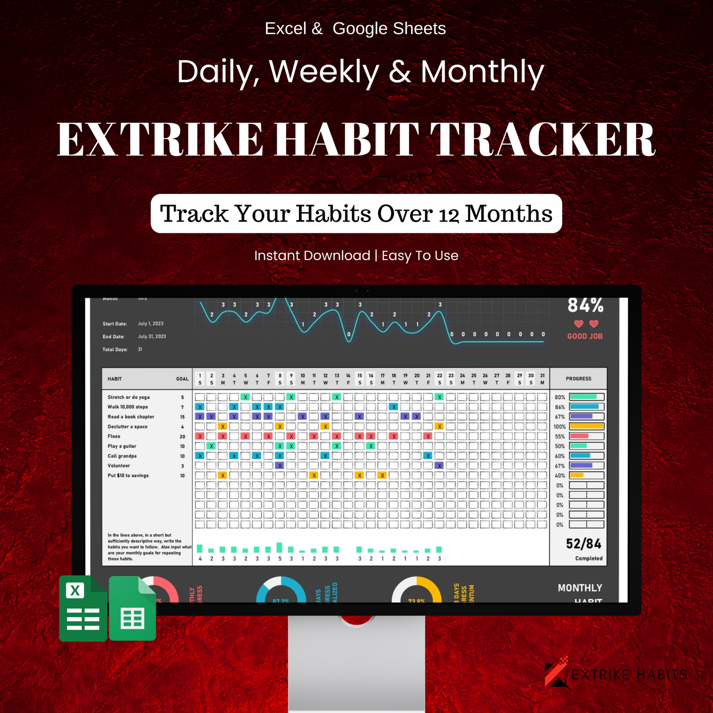 Extrike Ultimate Habit Tracker Bundle | Daily, Weekly & Monthly Excel Spreadsheet