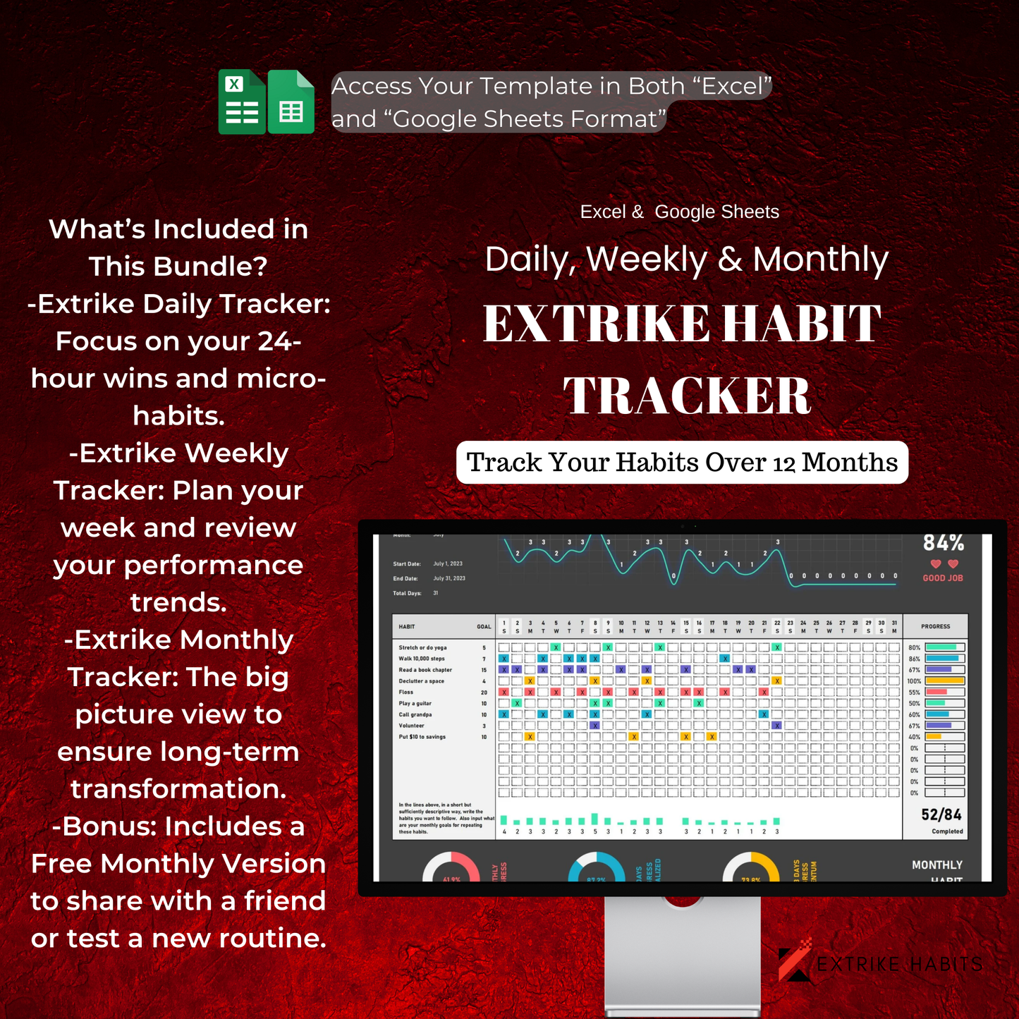 Extrike Ultimate Habit Tracker Bundle | Daily, Weekly & Monthly Excel Spreadsheet